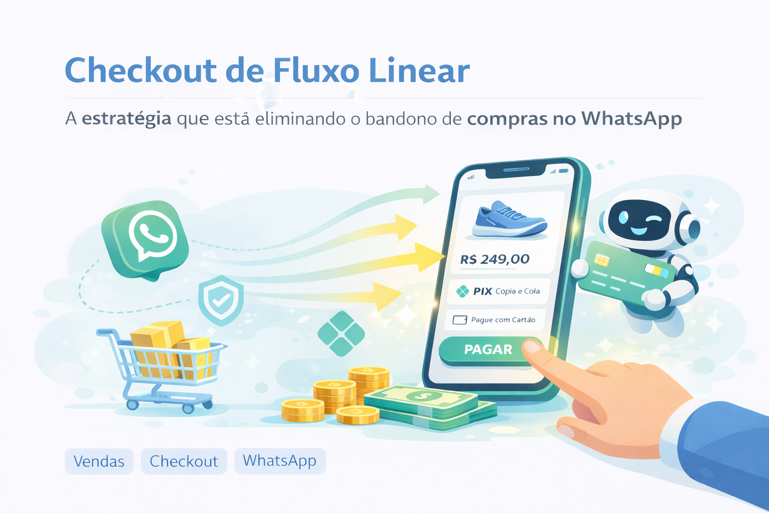 Infográfico demonstrando a jornada do cliente em linha reta, do link ao pagamento aprovado no Blü.