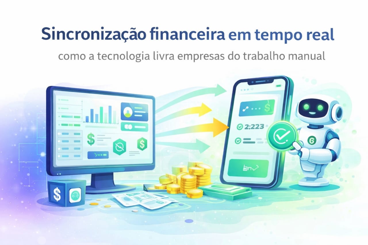 stração tecnológica representando fluxo de dados financeiros e sincronização bancária digital.