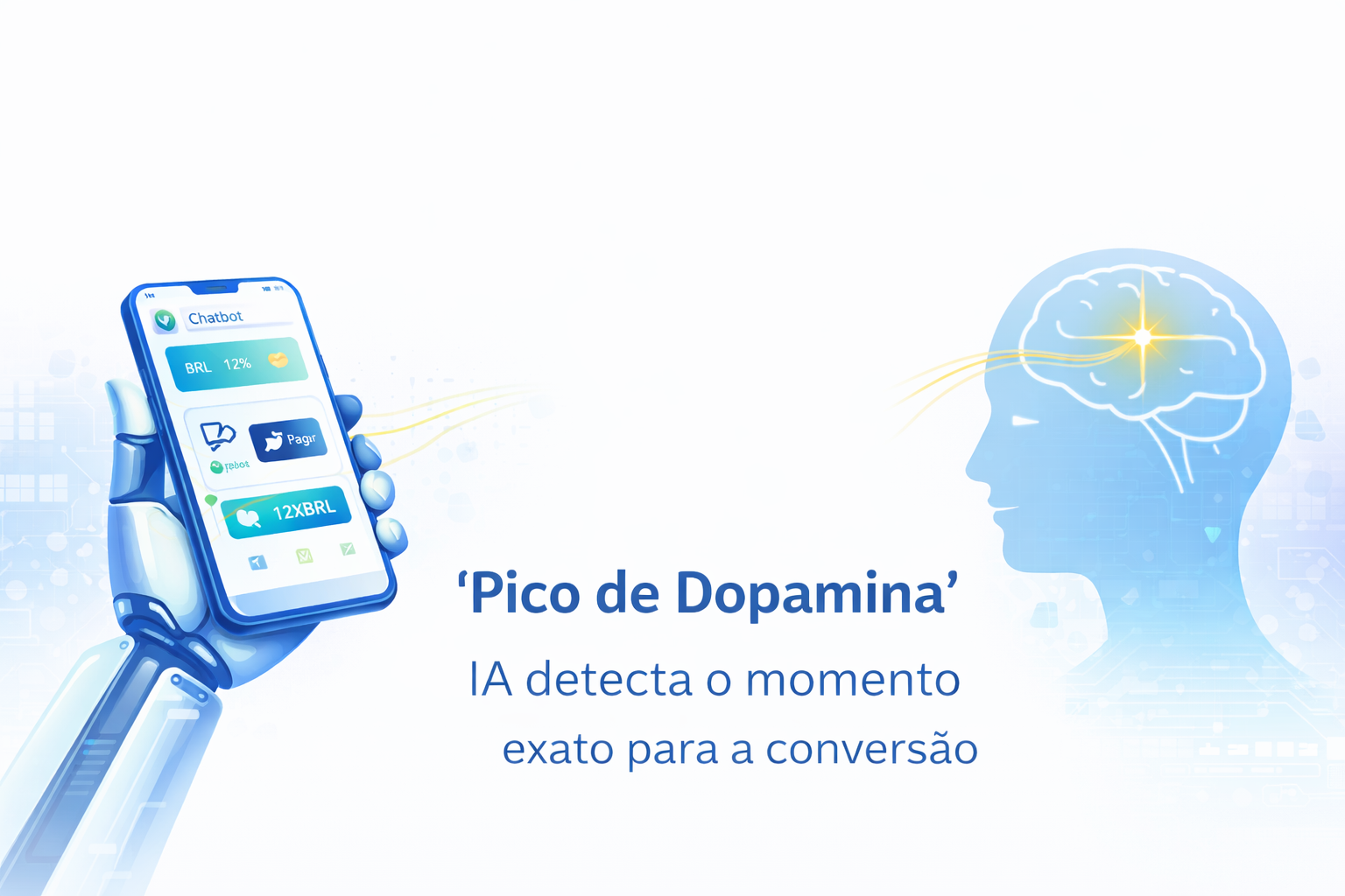 Ilustração tecnológica representando sinais cerebrais e automação de vendas via WhatsApp.