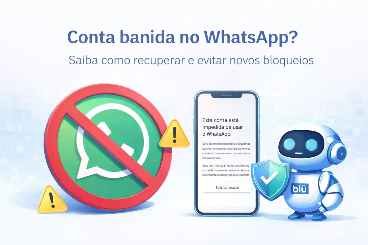Smartphone exibindo mensagem de conta banida no WhatsApp com o logotipo do blü ao lado.