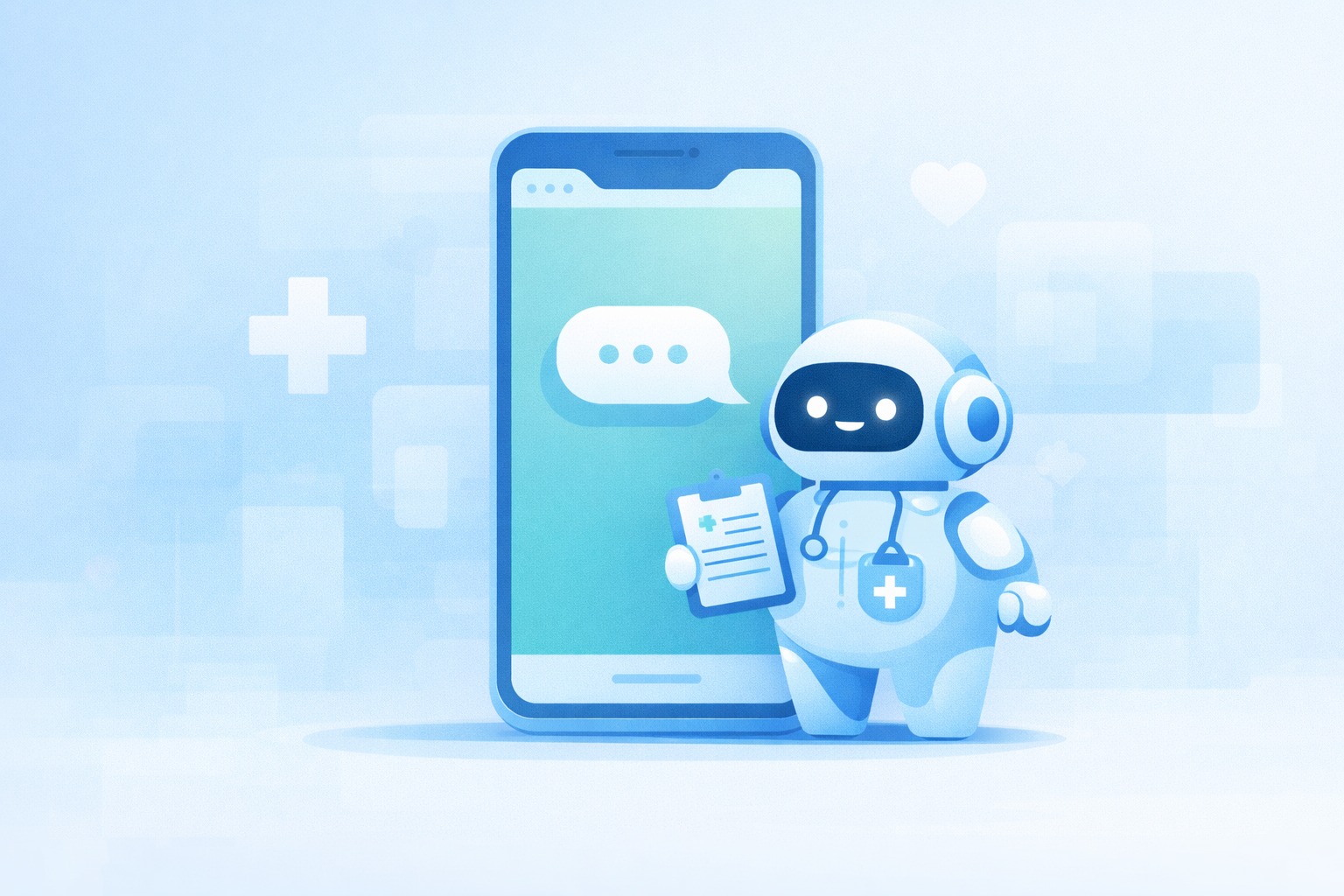 Ilustração 3D em tons de azul mostrando um robô médico amigável ao lado de um smartphone com balão de chat, simbolizando atendimento humanizado via IA.