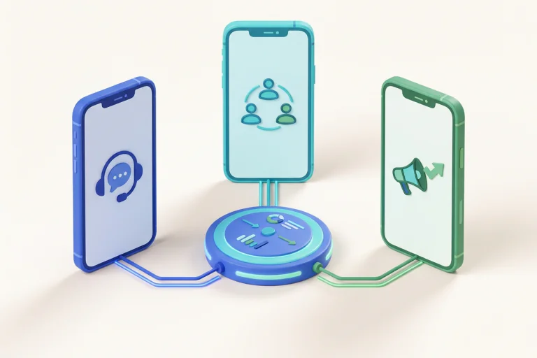 Três celulares conectados a uma central de gestão de mensagens.