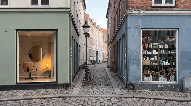 To små frisørsaloner over for hinanden på en brostensgade: den ene med et roligt vindue og én stol, den anden med et fyldt vindue