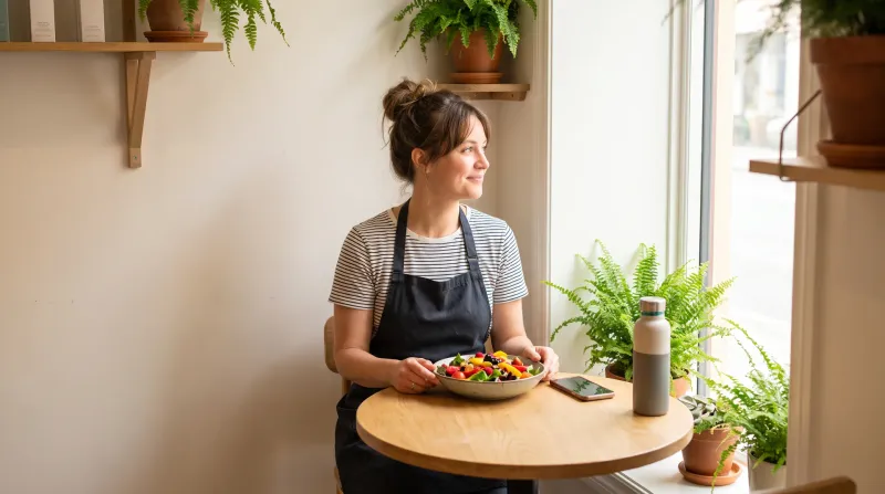 Frisør holder frokostpause med en farverig salat ved et lille bord i salonen.