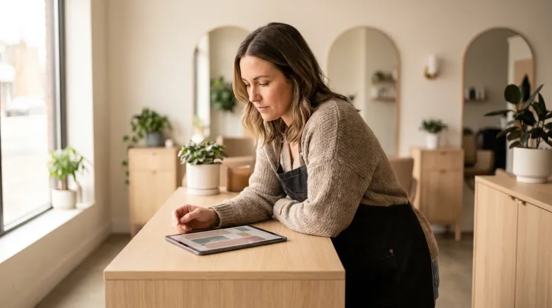 En frisør står ved receptionsdisken i en lys, skandinavisk salon og kigger eftertænksomt på en tablet med kalenderoversigt.