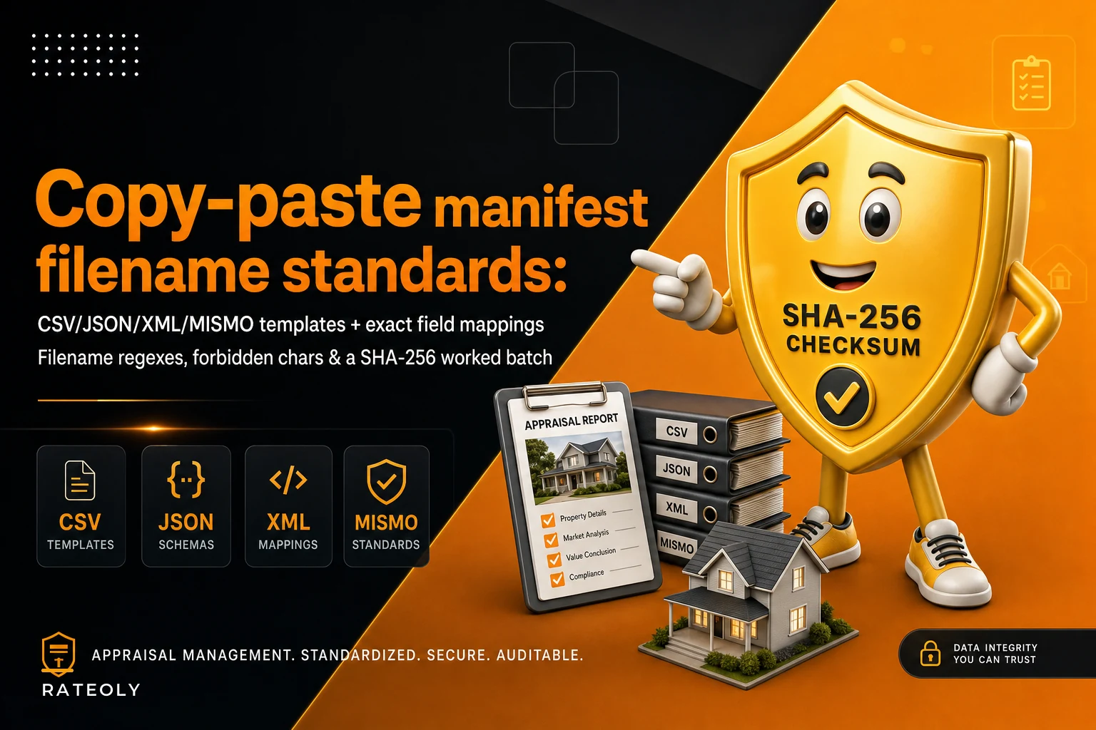 Copy‑paste manifest + filename standards: CSV/JSON/XML/MISMO templates, regex rules, and a worked end‑to‑end batch with SHA‑256 reconciliation