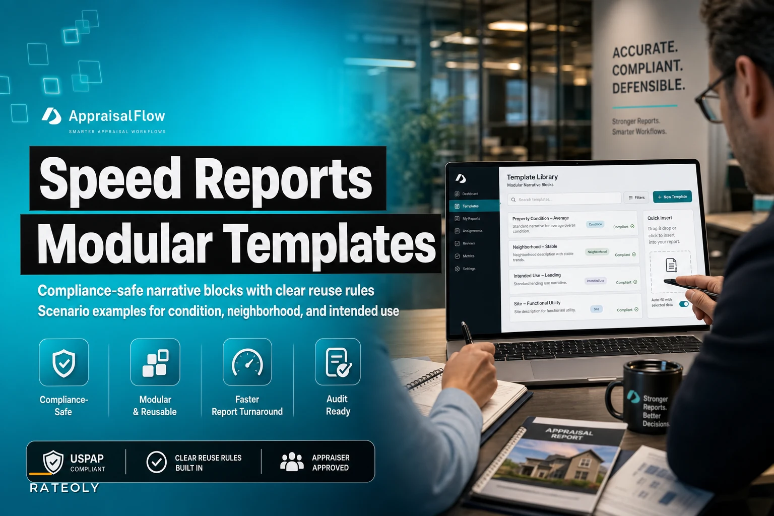 Speed report writing with modular, compliance-safe narrative templates for common appraisal scenarios