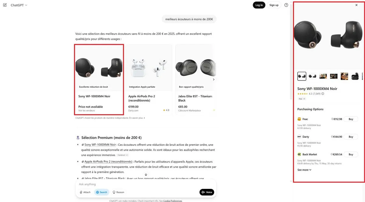 Détail d'un produit avec option d'achat sur ChatGPT