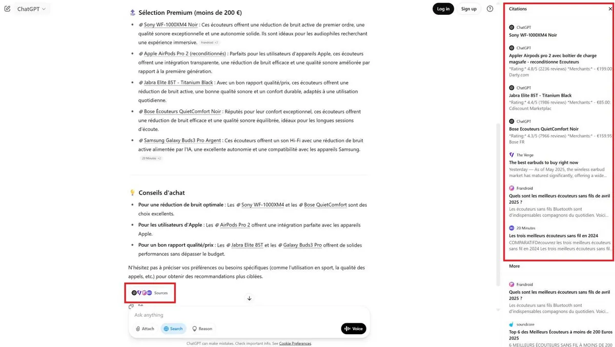 Explication des sources utilisées par ChatGPT pour recommander des produits