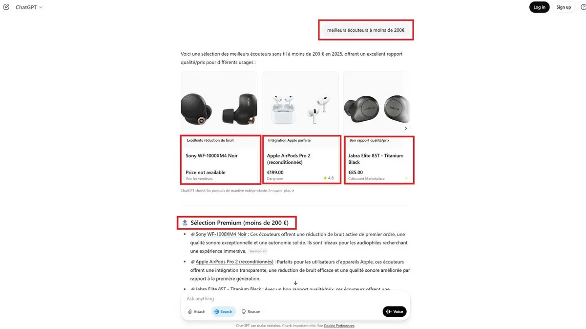 Exemple de résultats de recherche ChatGPT Shopping