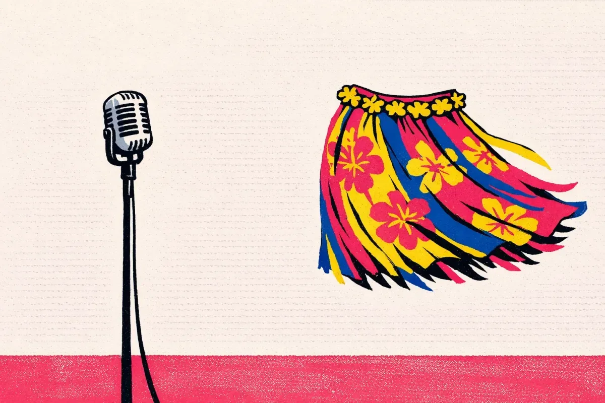 A colourful Hawaiian skirt moves beside an old stage microphone.