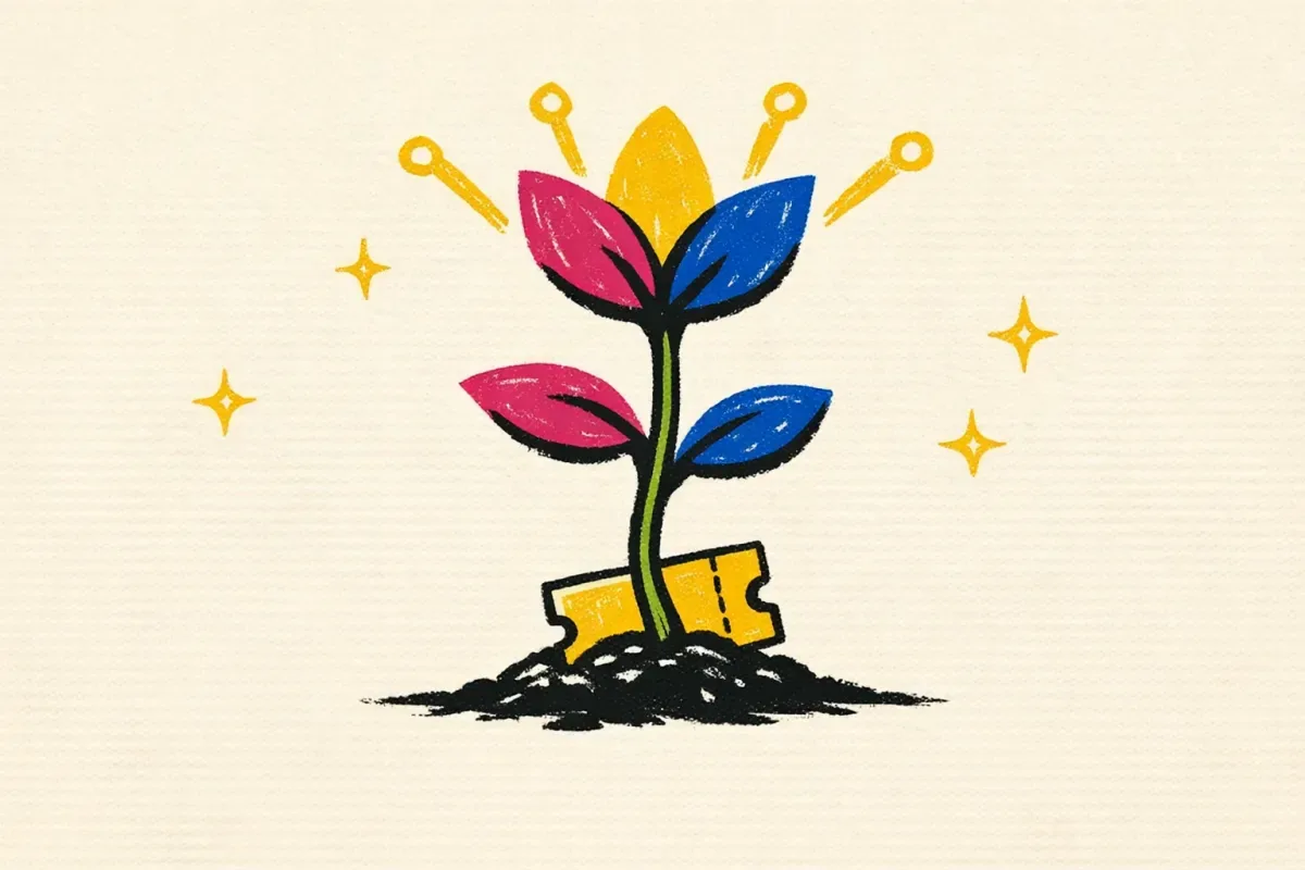 En lukket billet er visualiseret som et frø, der spirer til en plante med koncertlys.