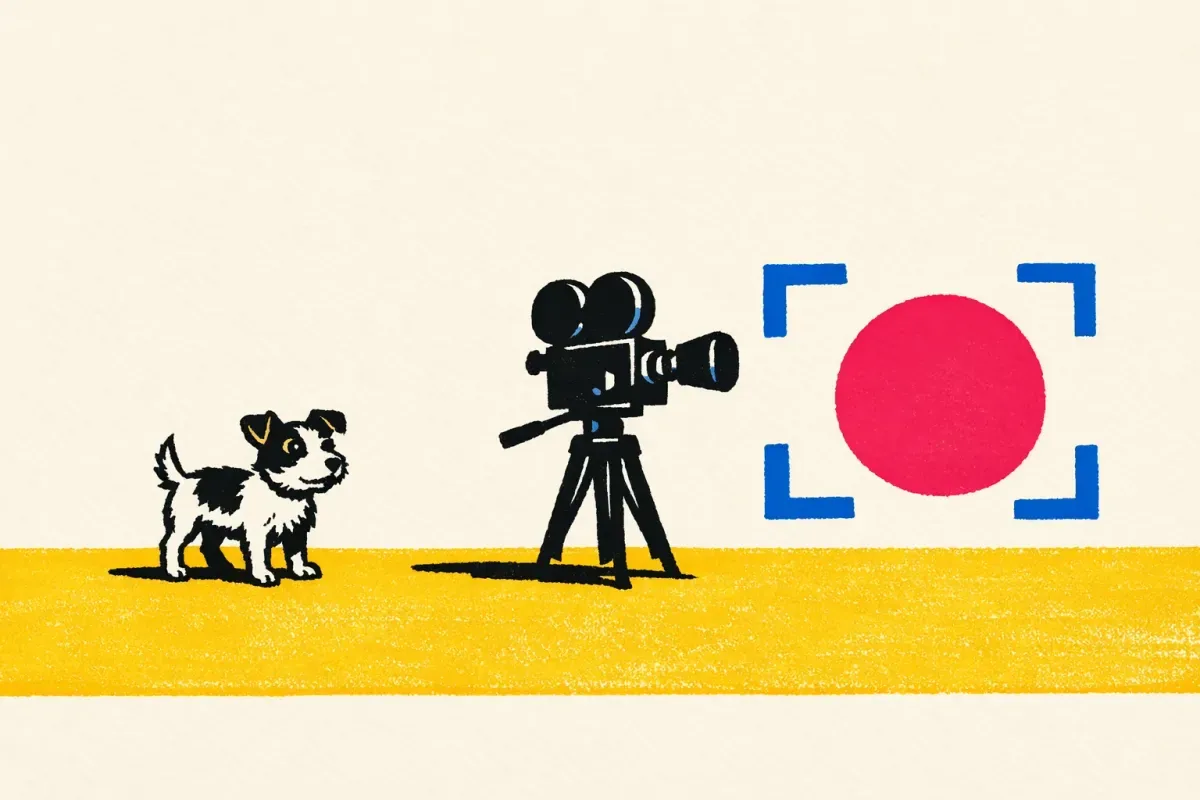 A small dog stands next to a film camera in a simple cinematic space.