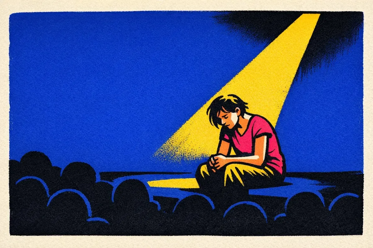 A person sits under a warm beam of light in front of the silhouettes of an audience.