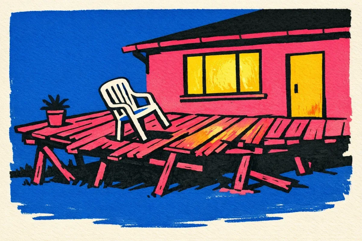 En skæv træterrasse hælder ind mod et varmt oplyst hus, mens en stol balancerer på brædderne.