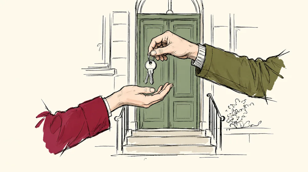 Håndtegnet illustration af en nøgle, som rækkes fra en hånd til en anden foran en lukket hoveddør.