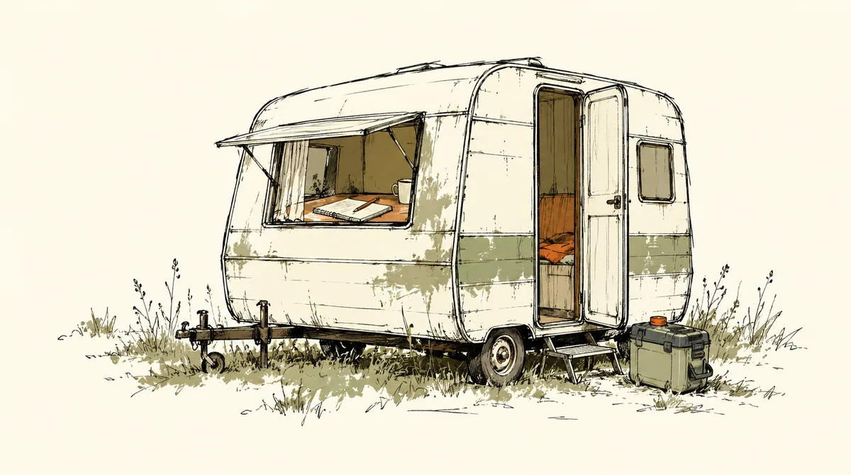 Håndtegnet campingvogn med en skrivebog ved vinduet og en toiletkassette ved trinnet.