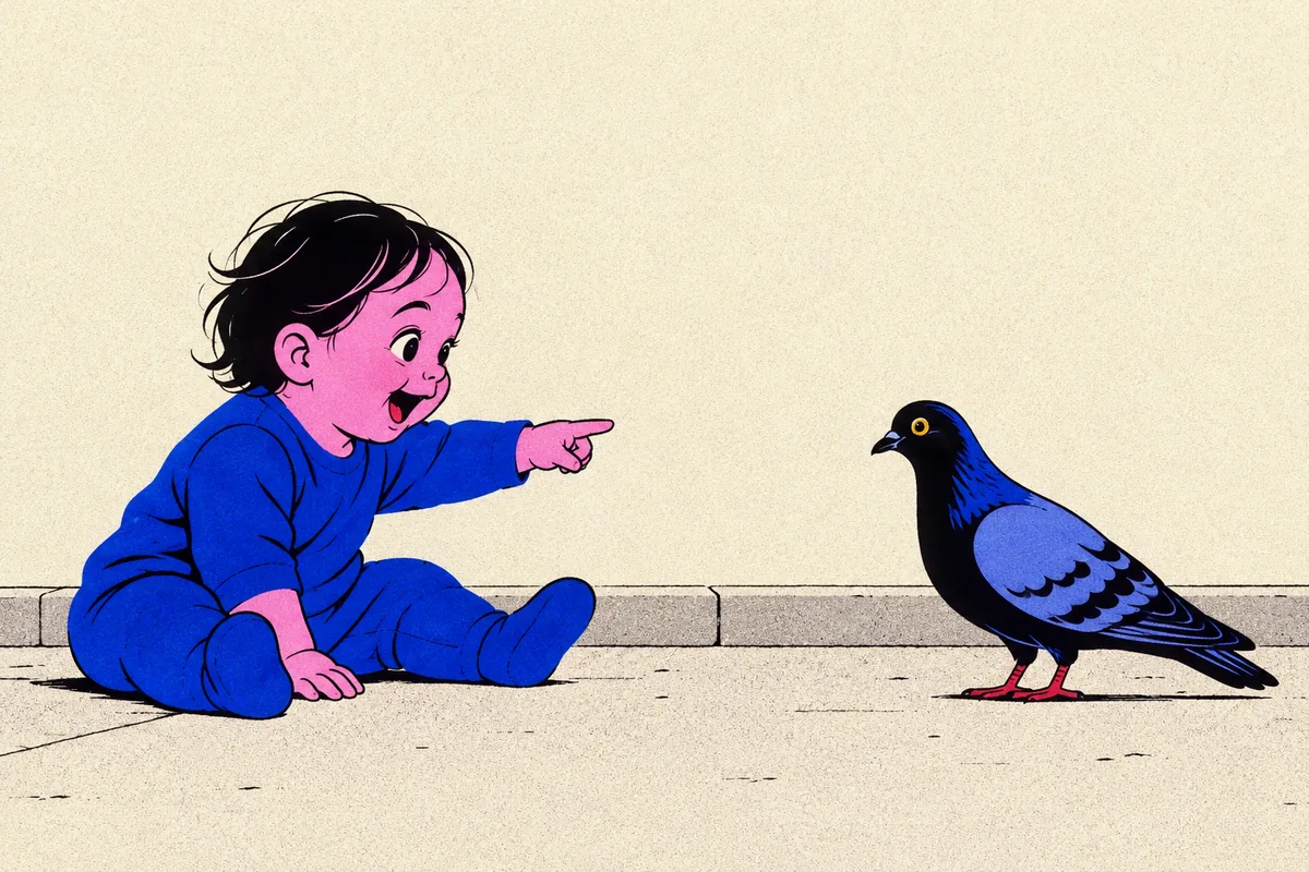 Illustration af et lille barn i blå dragt, der begejstret peger på en due på fortovet.