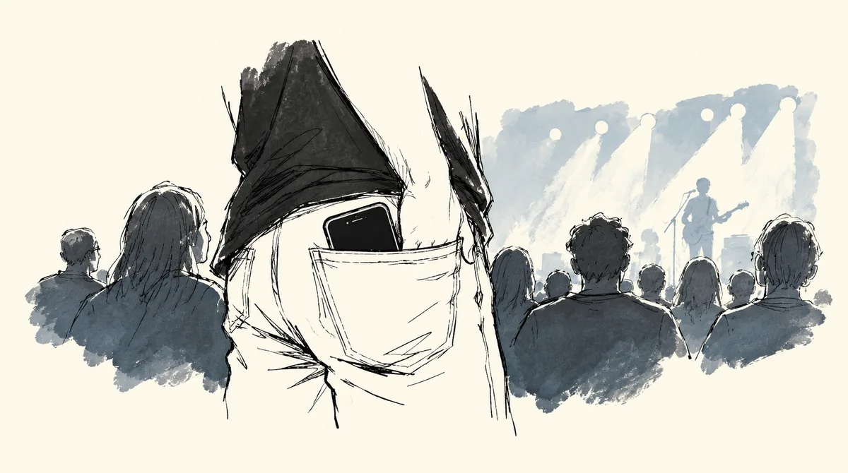 Illustration af en slukket mobiltelefon i en koncertgængers lomme, mens koncerten spiller i baggrunden