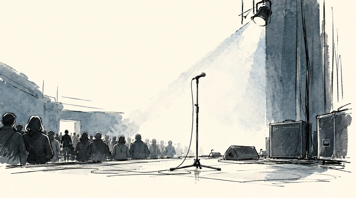 Håndtegnet illustration af en tom mikrofon på scenen, mens publikum tøver ved udgangen