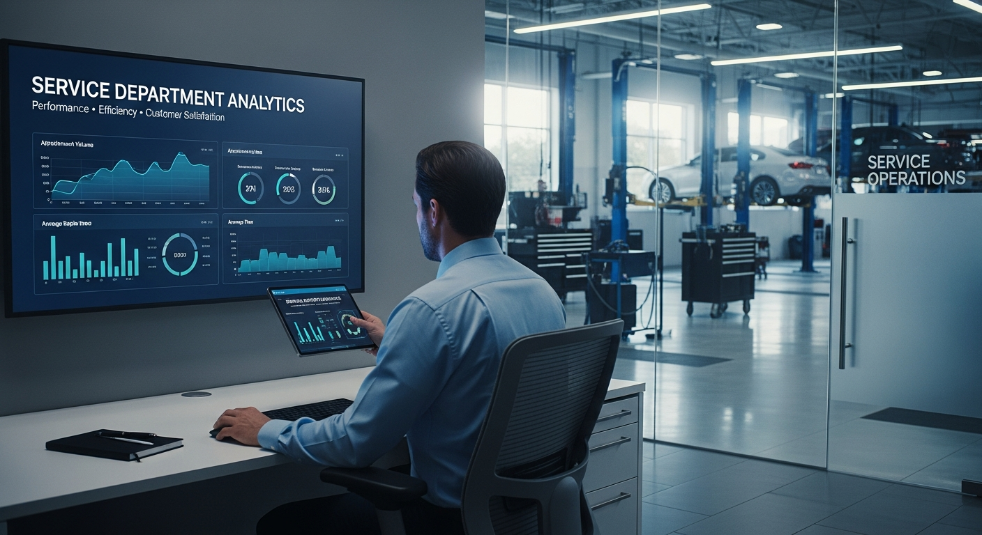 Service manager with a digital dashboard displaying analytics.