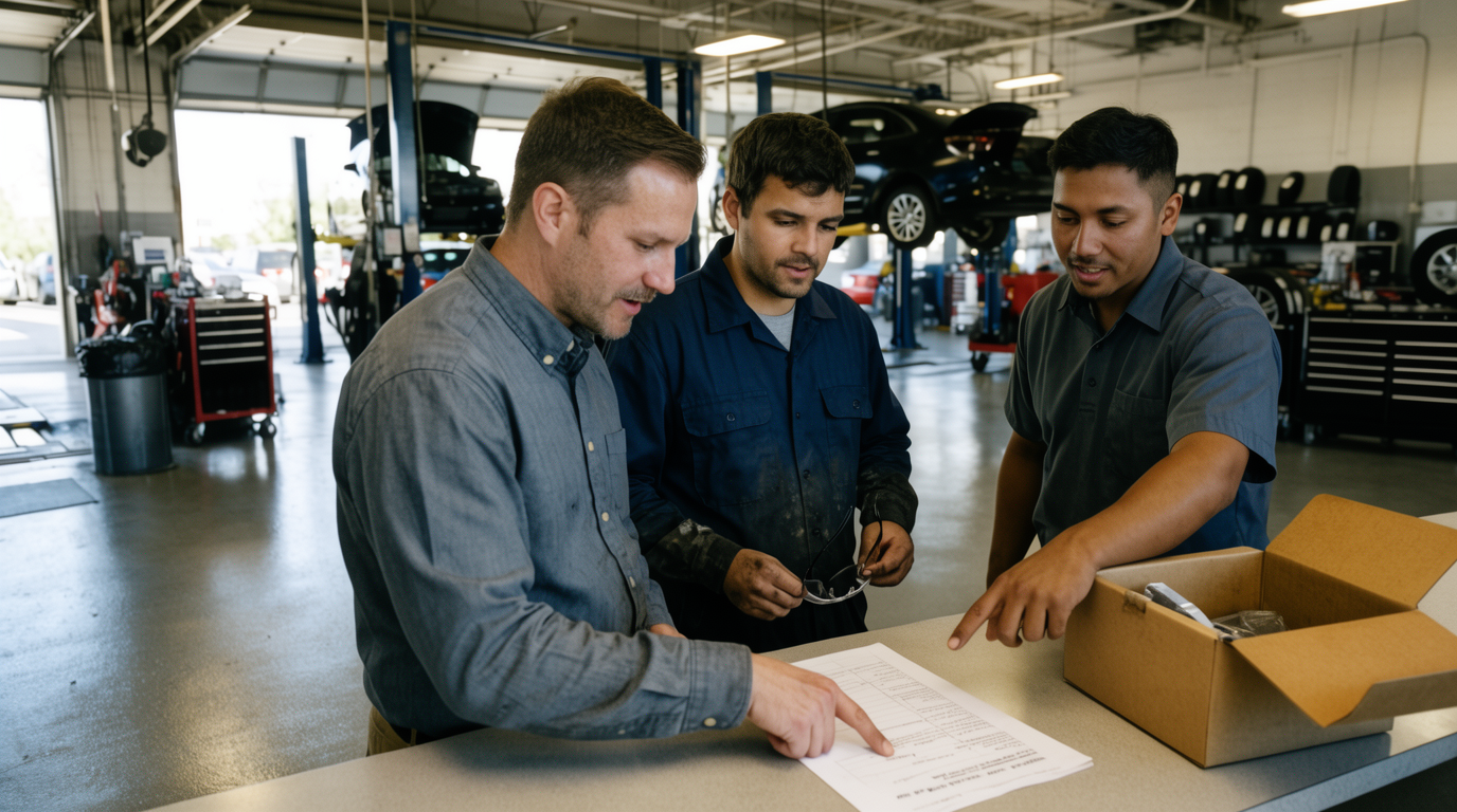 Service advisor, technician, and parts specialist reviewing a repair estimate at a dealership