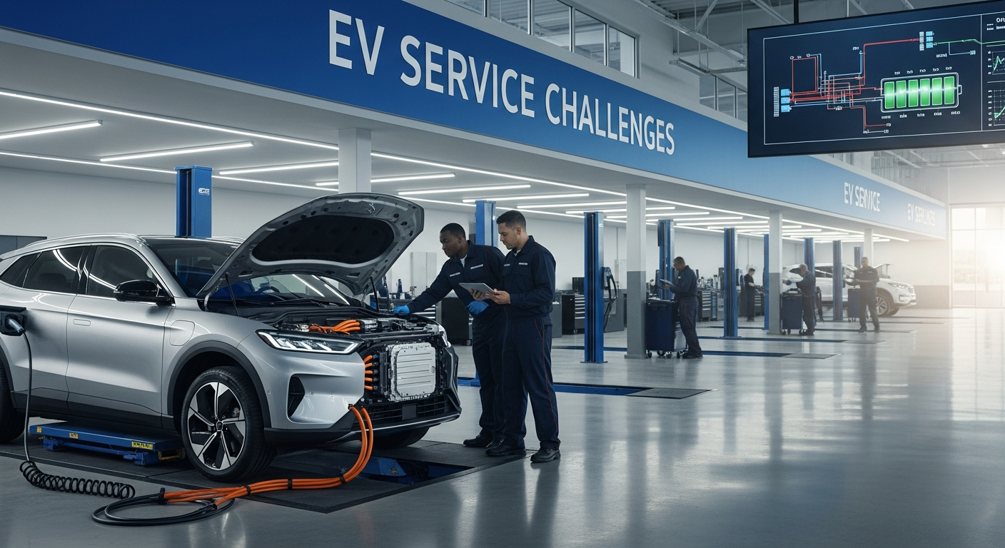 Technicians servicing electric vehicles in a dealership service bay.