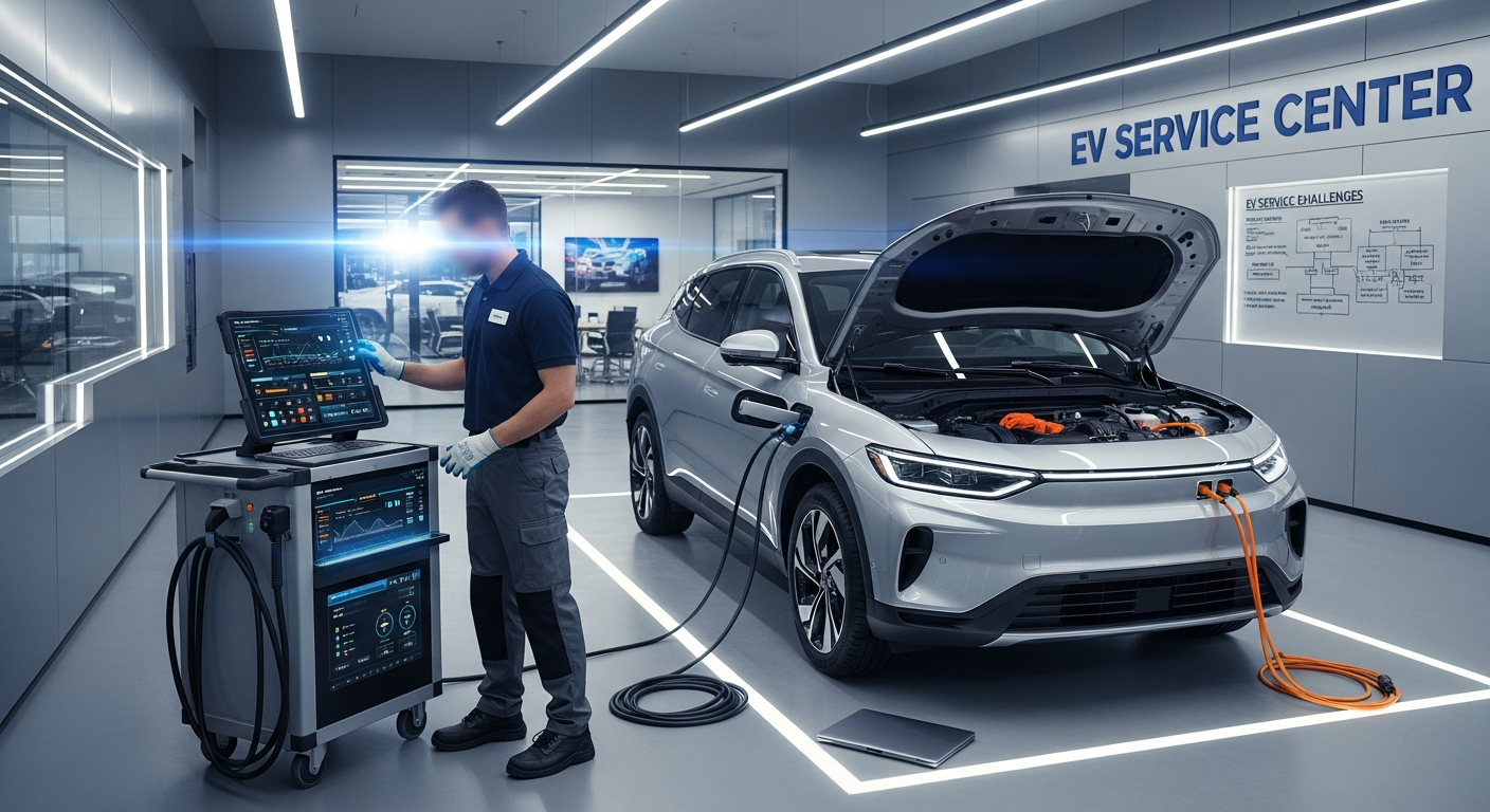 Technician diagnosing an EV with a tablet.