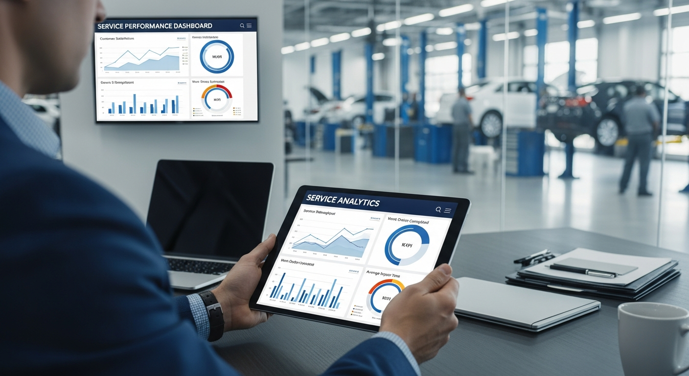Service manager reviewing analytics