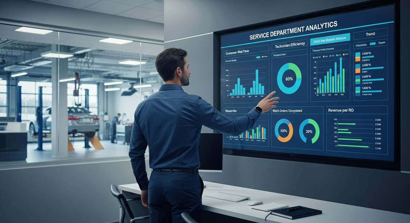 Service manager reviewing analytics on a dashboard.