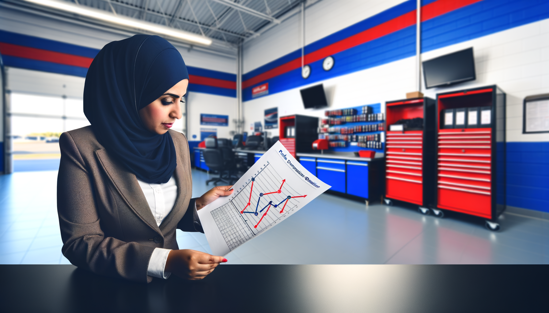 Manager reviewing parts department optimization report