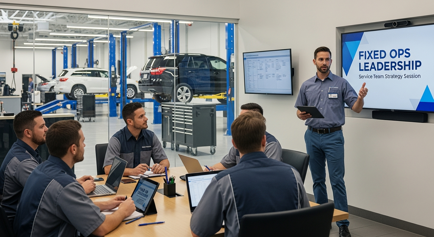 Service manager leading a dealership team meeting