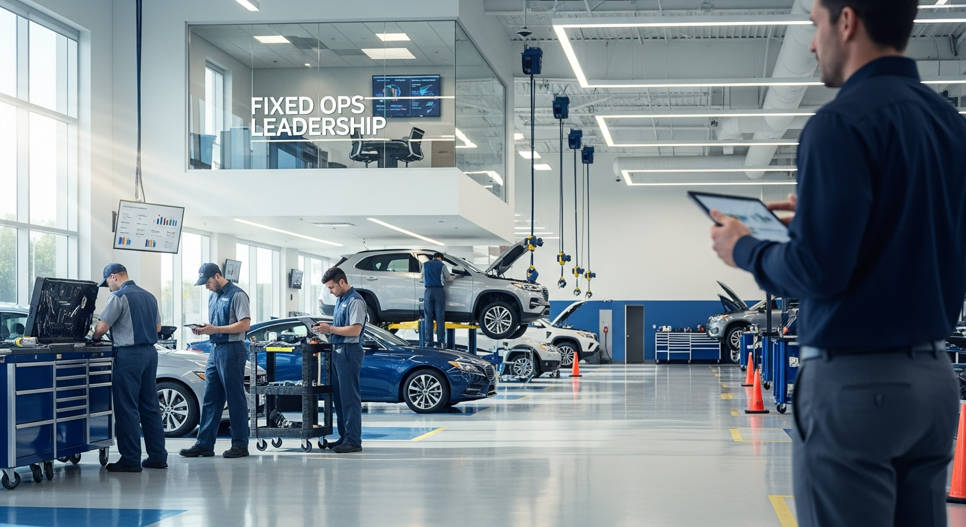 Dealership service department with technicians