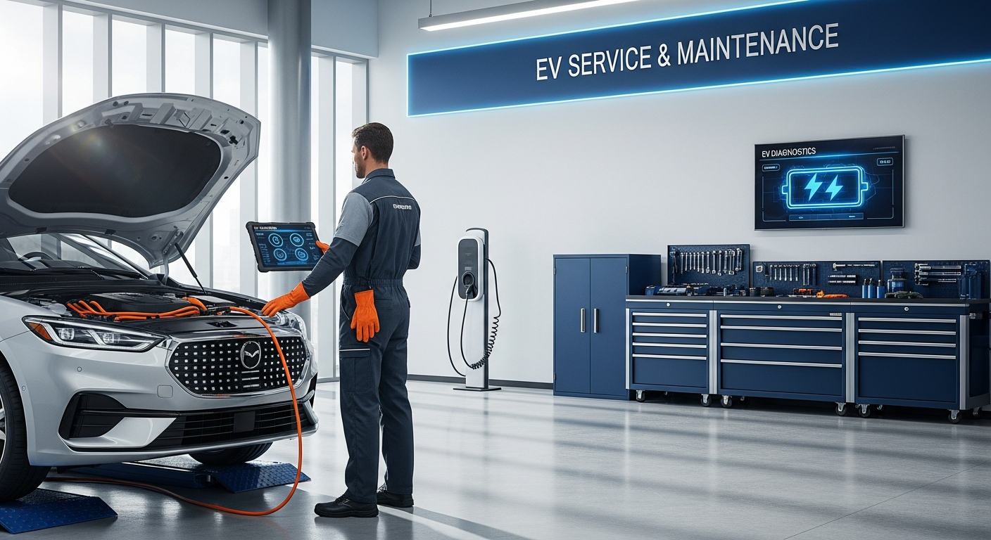 Technician servicing an electric vehicle at a dealership.