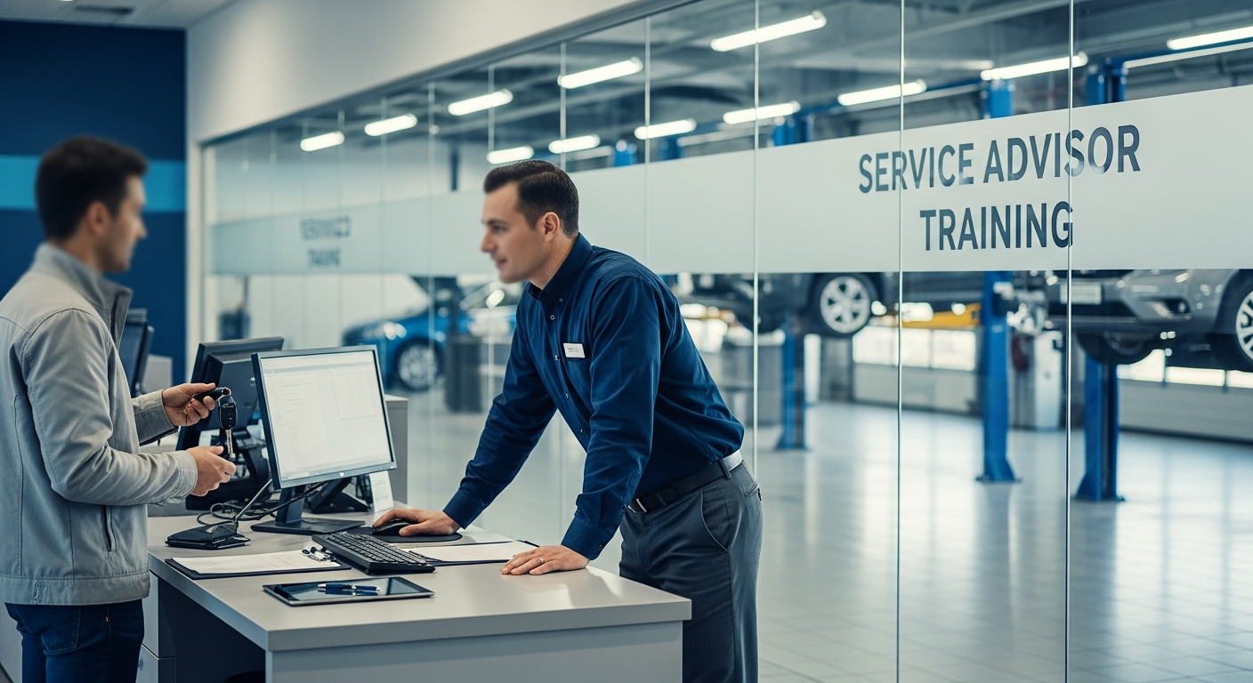 Service advisor talking to a customer in a dealership setting.