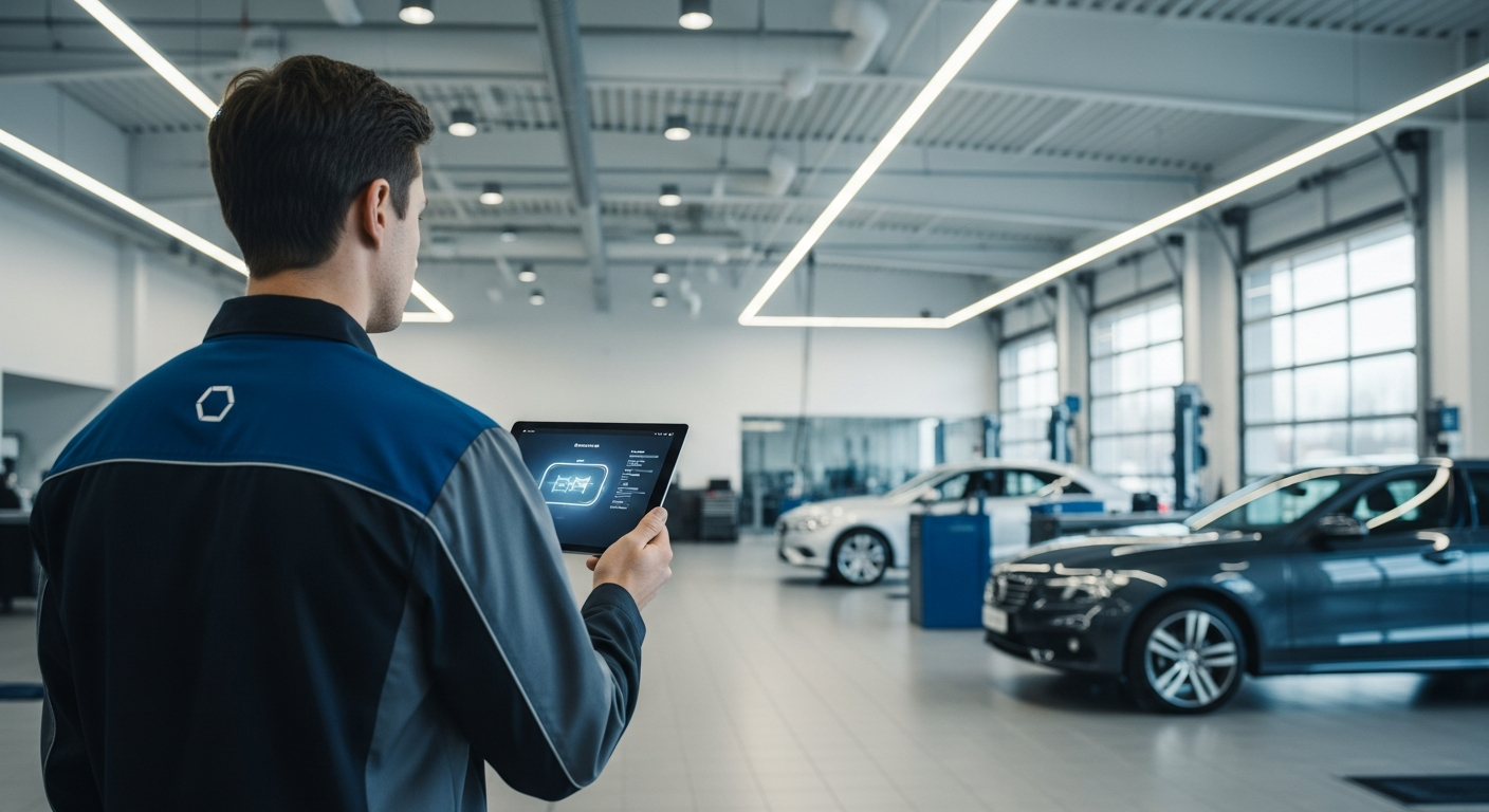 Dealership service department with technicians