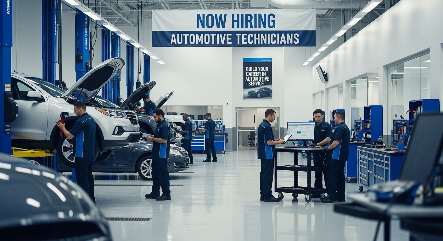 Technicians working in a busy automotive service bay