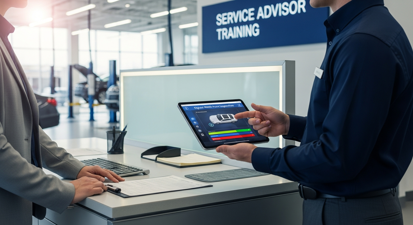 Service advisor with a customer reviewing digital MPI on a tablet.