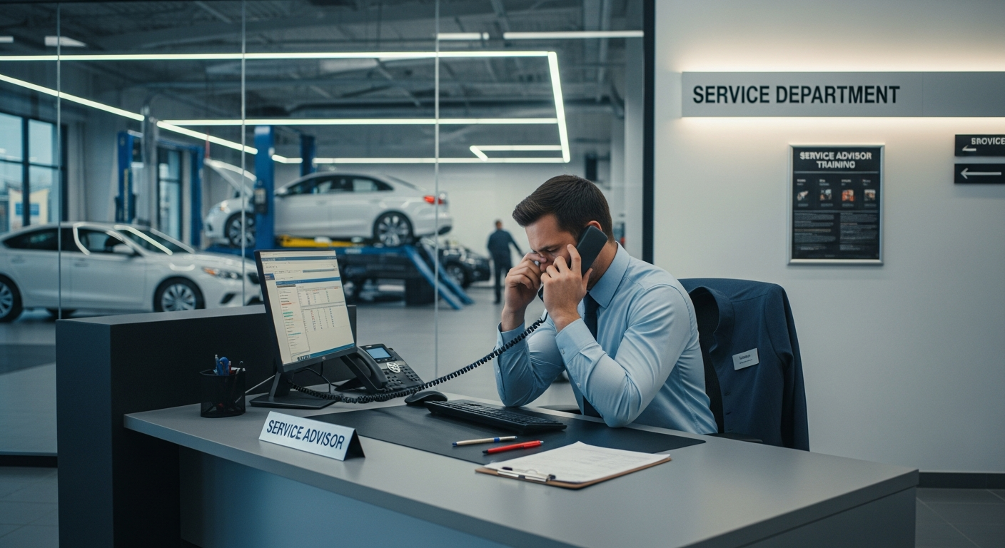 Frustrated service advisor on phone.