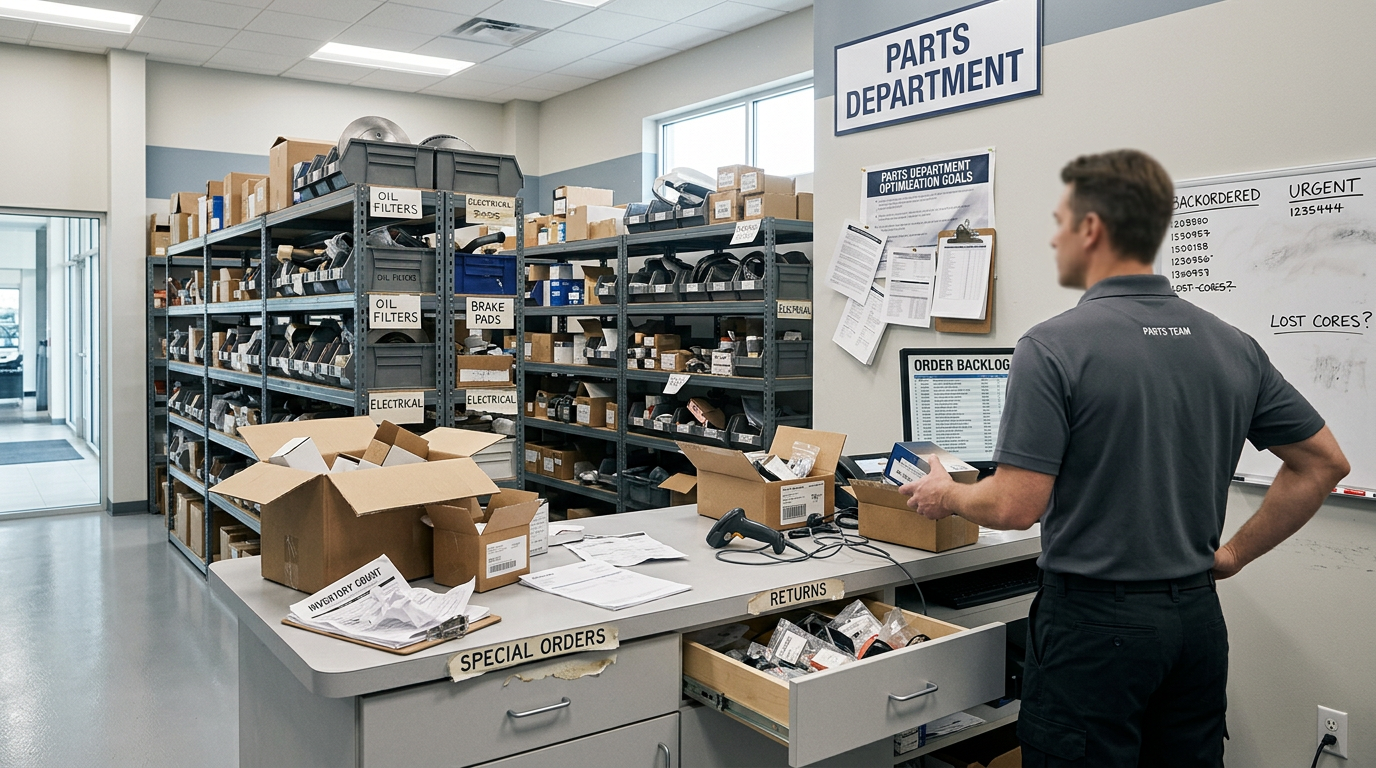 Disorganized parts department with cluttered shelves