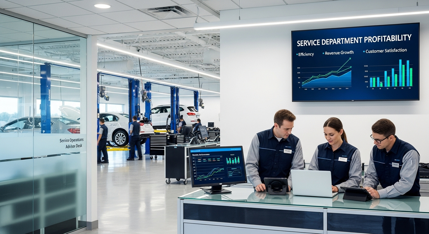 Service department technicians and advisors working together.