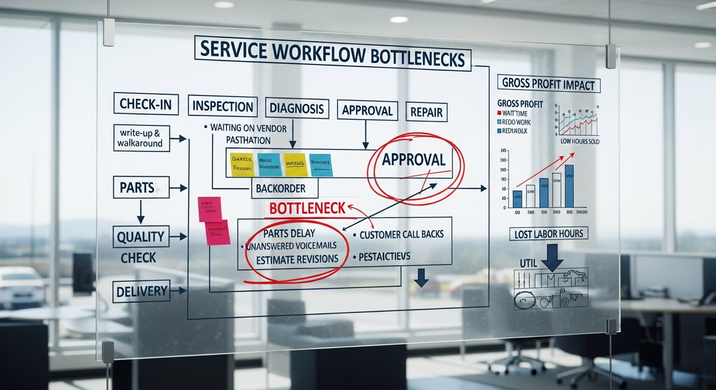 Service workflow diagram with identified bottlenecks.
