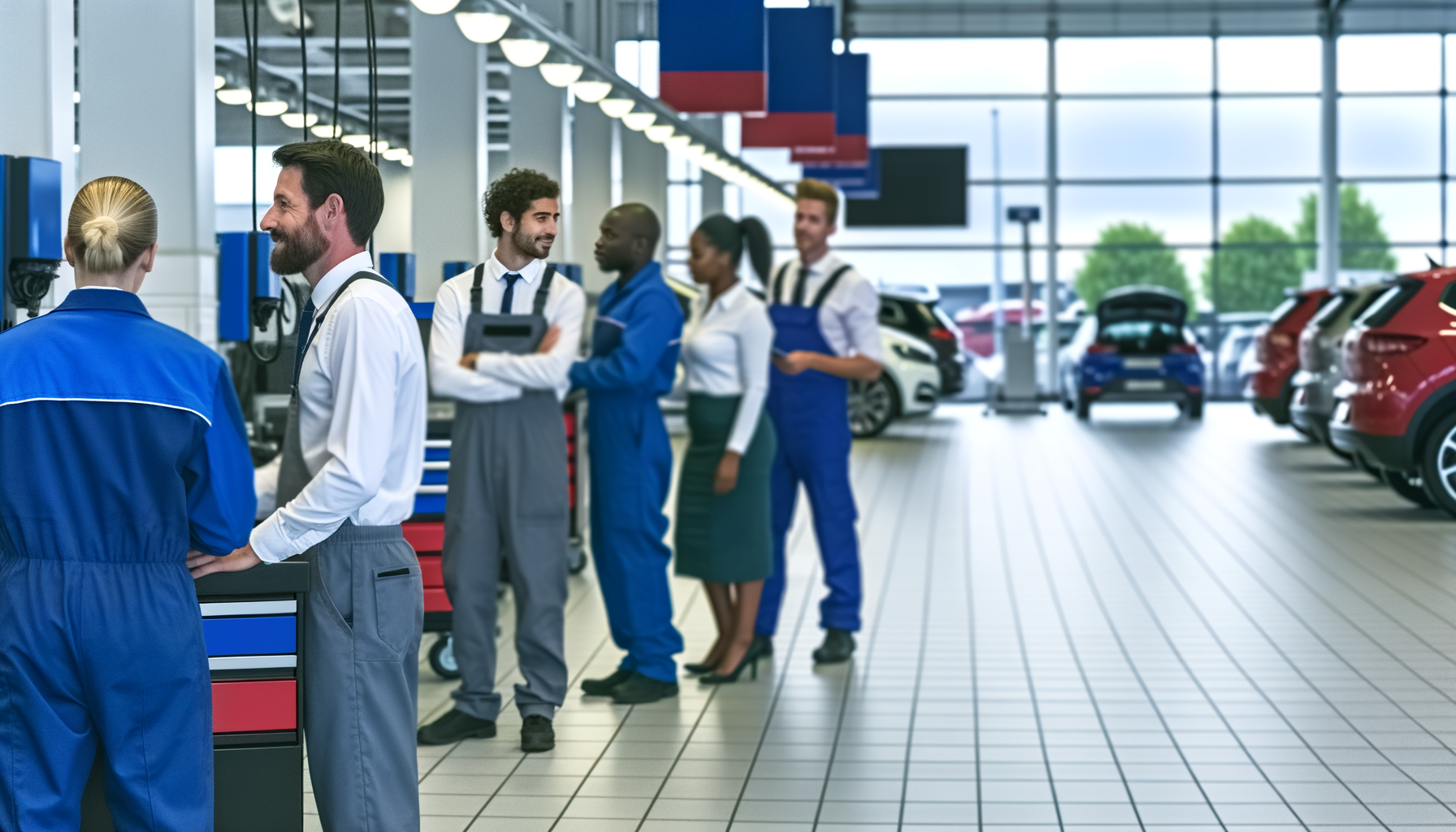 Dealership service area with diverse technicians in action