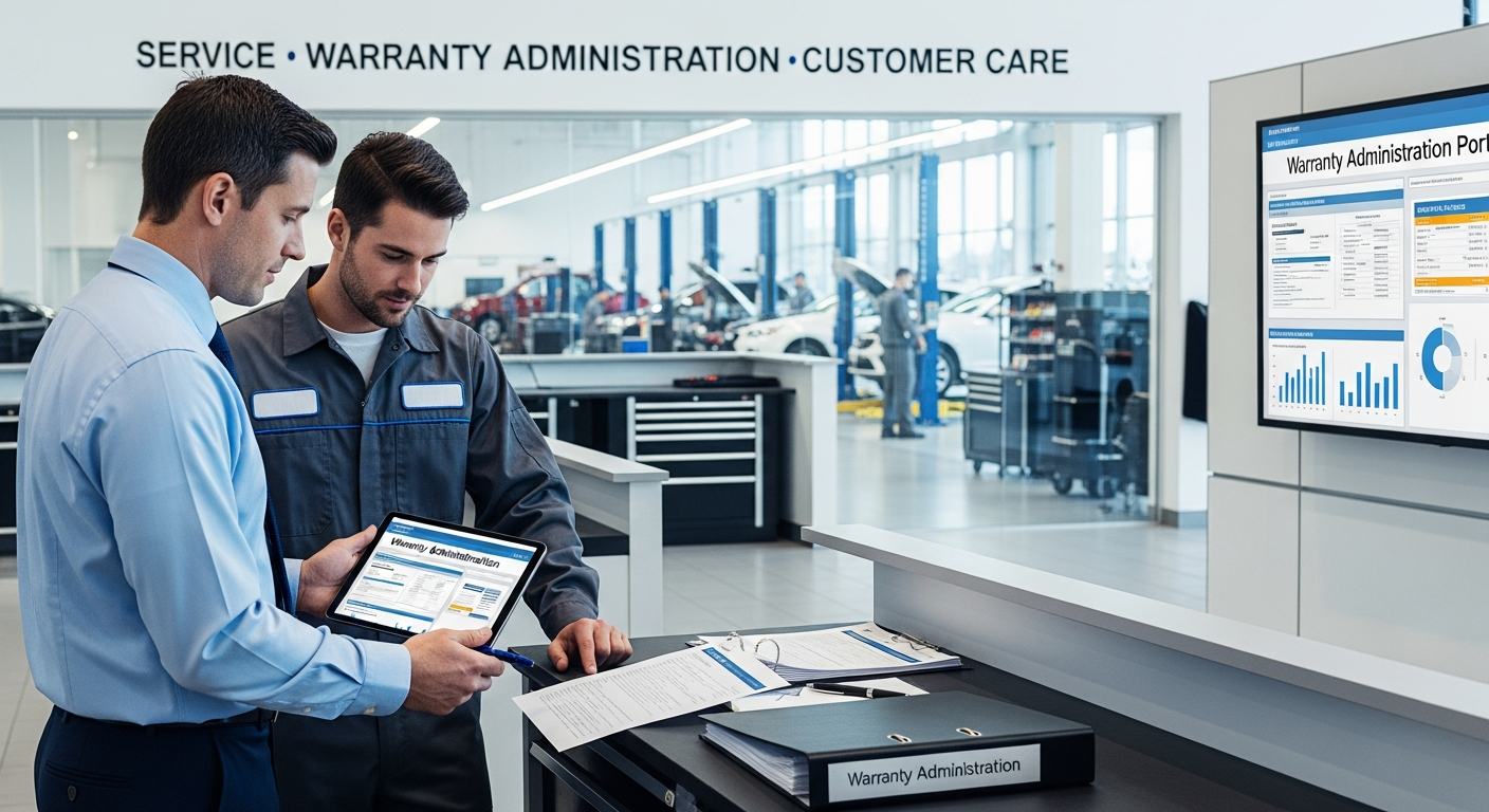 Service manager and technician discussing warranty documents