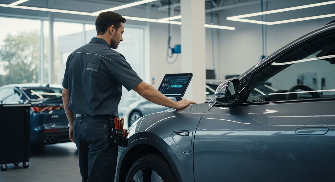 Technician examining electric vehicle in service bay
