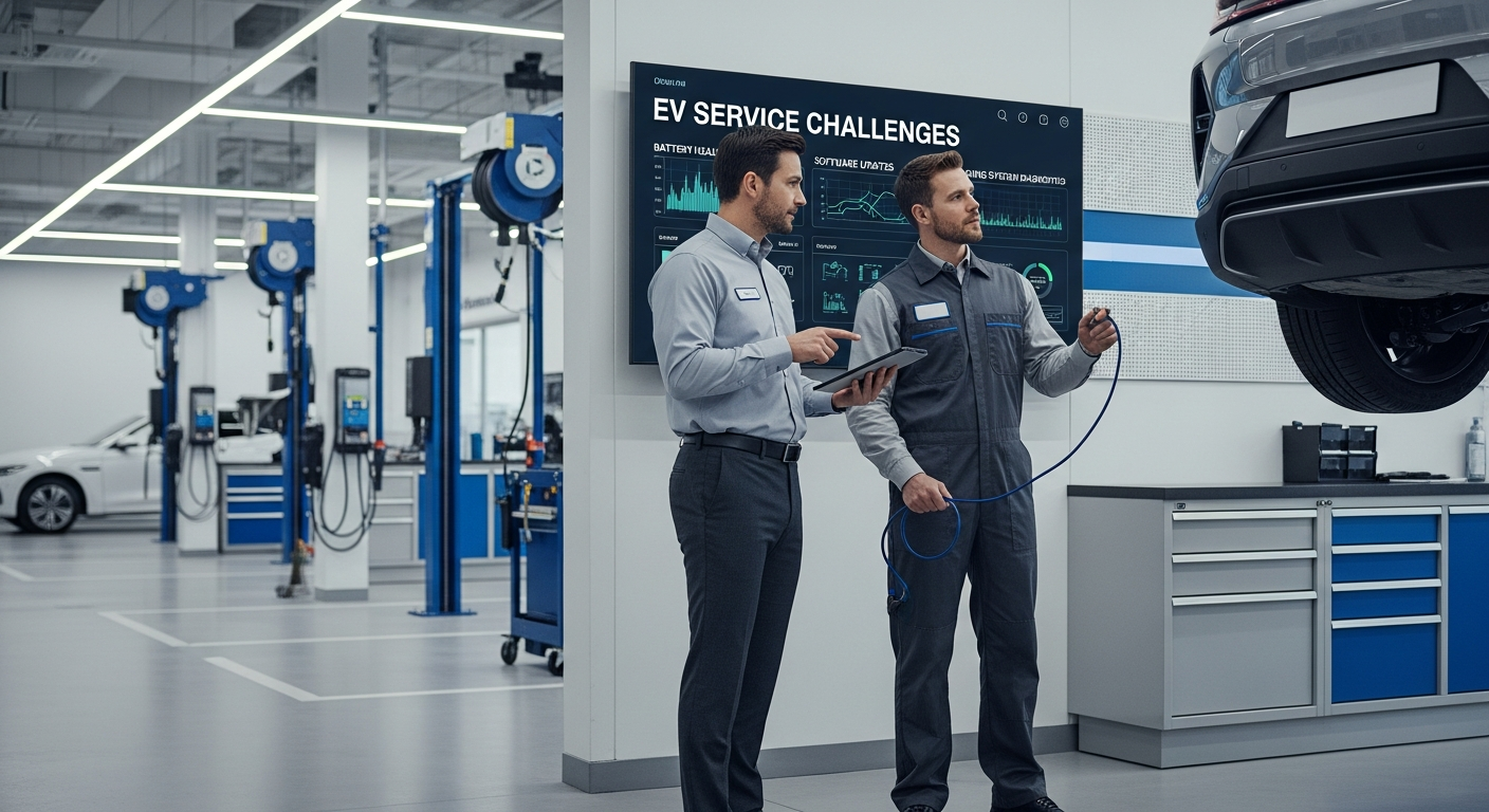 Service manager and technician discussing EV maintenance