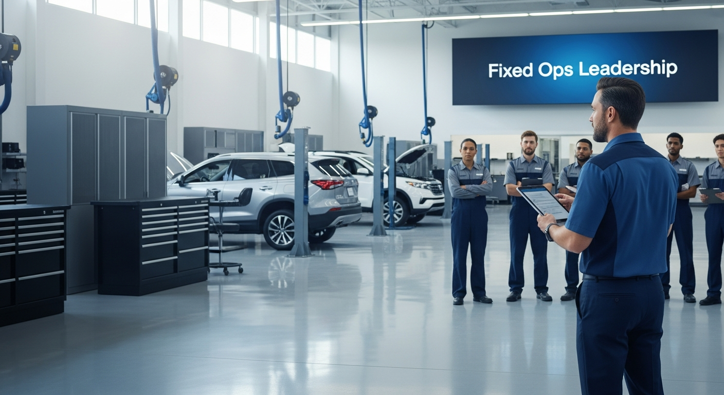 Service manager leading a meeting in a dealership service department.
