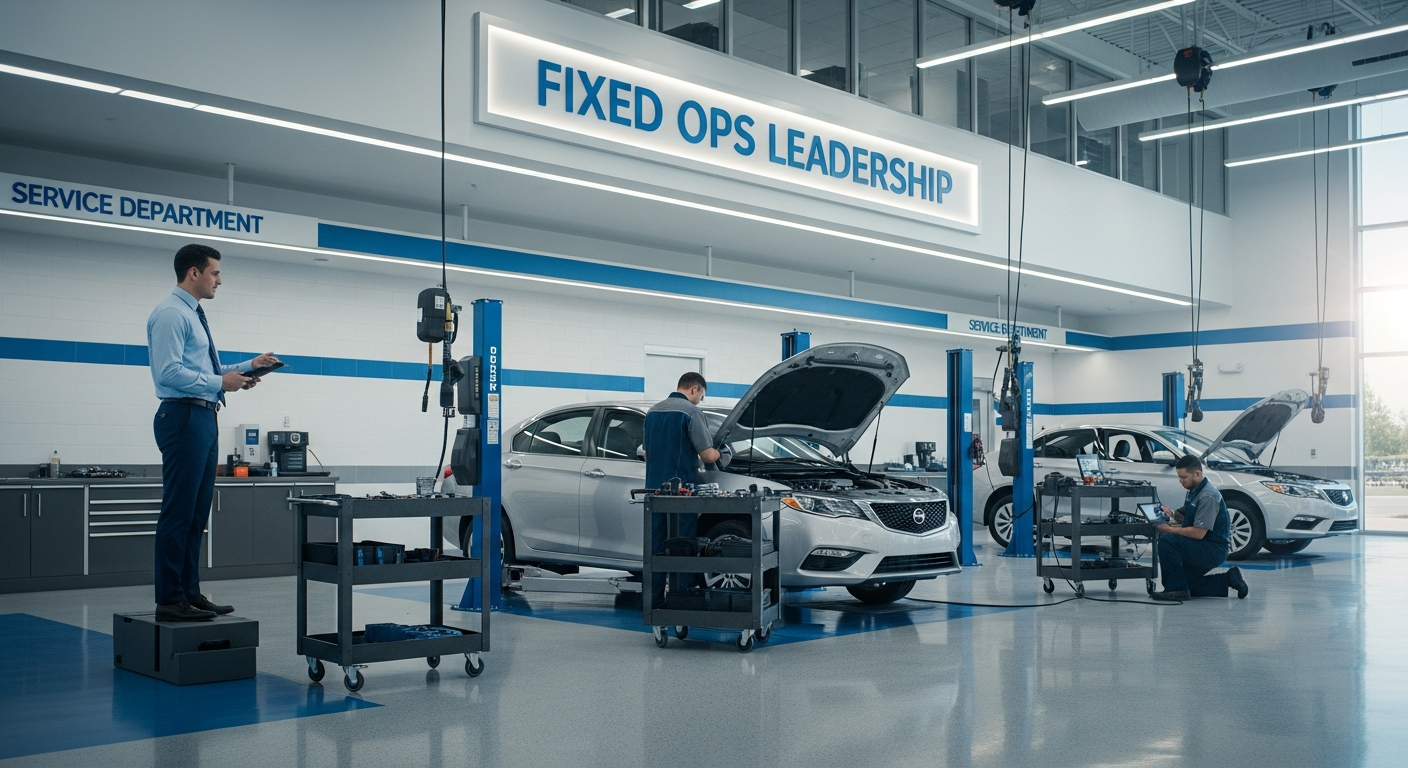 Dealership service bay with technicians at work.