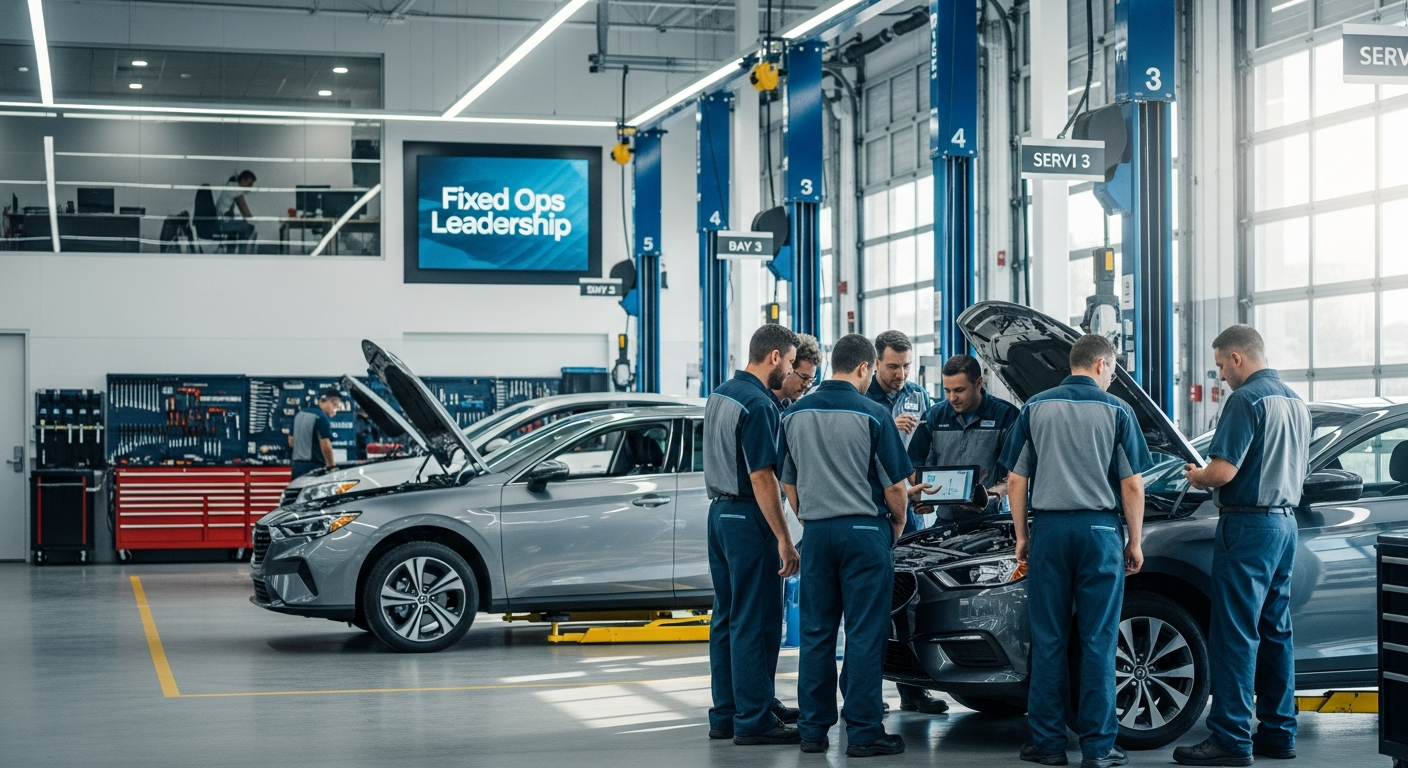 Busy service department with technicians collaborating