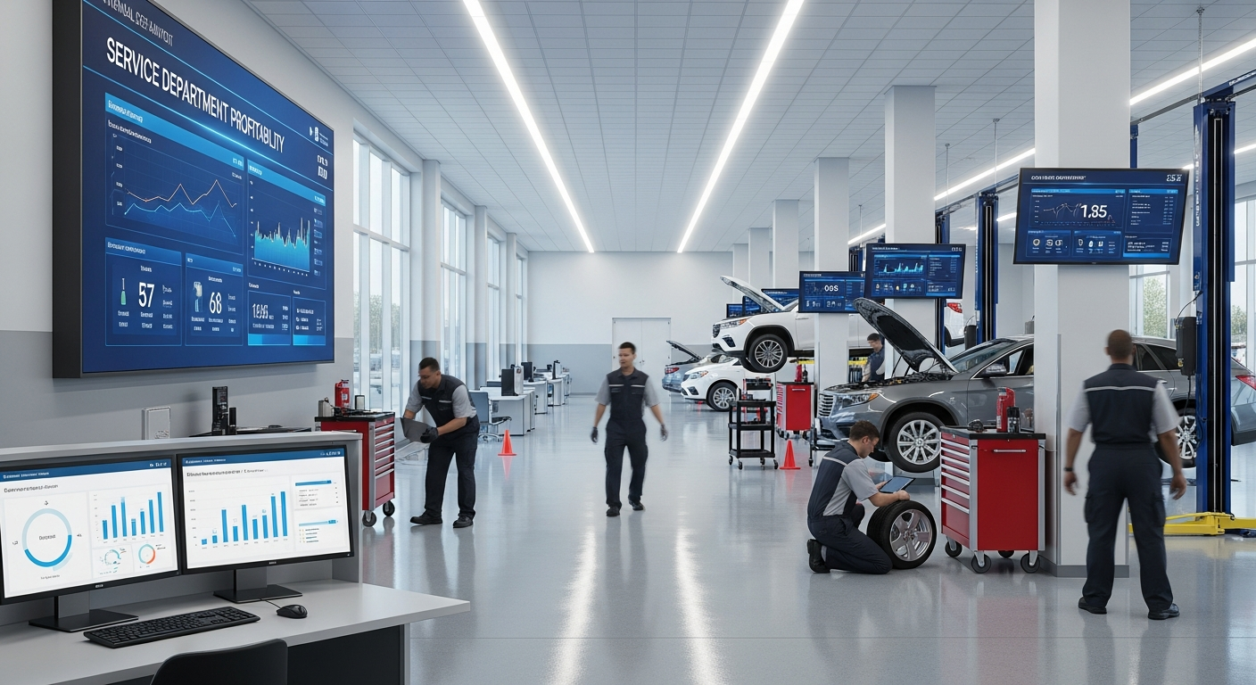 Dealership service department with technicians.